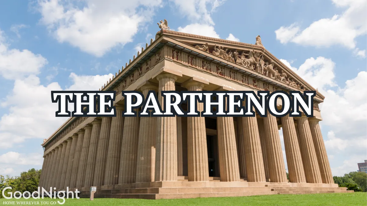 A majestic exterior shot of Nashville's Parthenon, with its detailed frieze and towering columns visible against a clear sky. The grandeur of the structure is highlighted by the sunlight, and the setting in Centennial Park is apparent from the surrounding green space.
